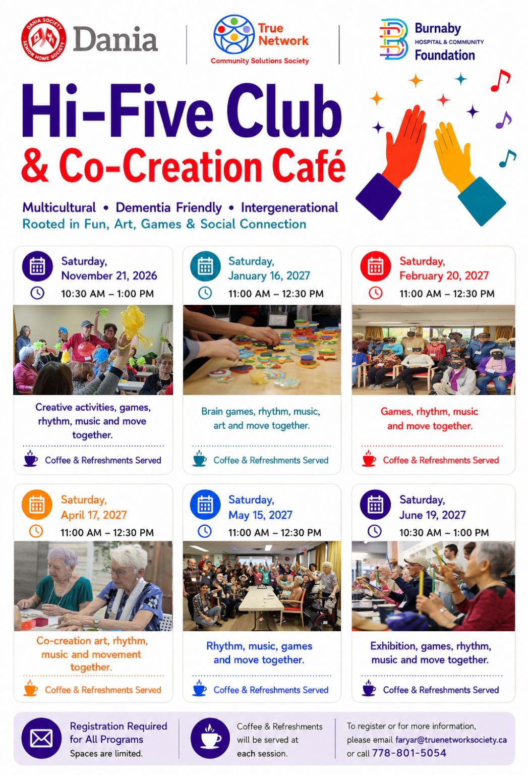 Hi-Five Club and Co-Creation Café event flyer for free sessions at Dania Home in Burnaby